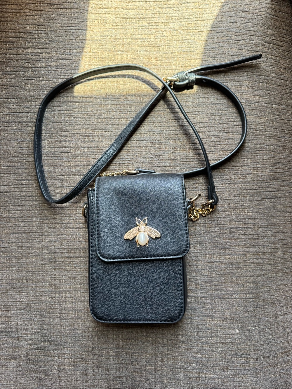 Black Crossbody Bag with Gold Bee Accent